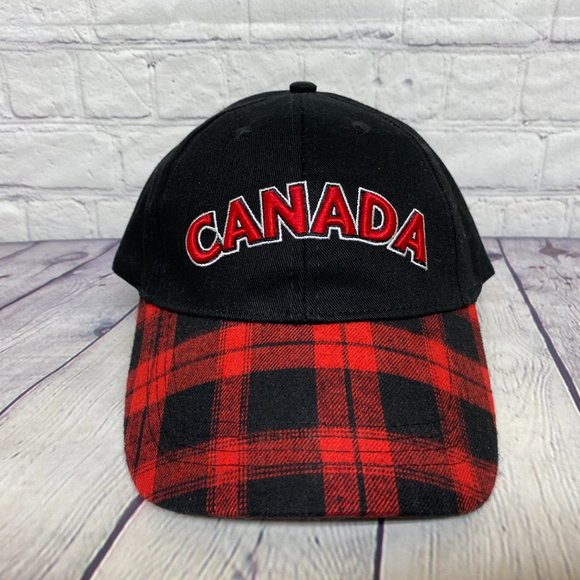 Canada Hat Cap Strap Back Red Plaid Bill Spell Out Embroidered 100% Cotton - Picture 5 of 8